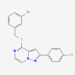 molecular formula C19H13BrClN3S B2926242 4-[(3-Bromobenzyl)thio]-2-(4-chlorophenyl)pyrazolo[1,5-a]pyrazine CAS No. 1223992-16-2