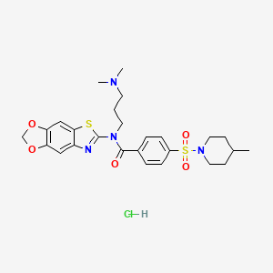 molecular formula C26H33ClN4O5S2 B2926309 N-[3-(dimethylamino)propyl]-N-([1,3]dioxolo[4,5-f][1,3]benzothiazol-6-yl)-4-(4-methylpiperidin-1-yl)sulfonylbenzamide;hydrochloride CAS No. 1321779-27-4