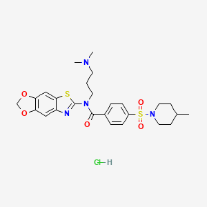 molecular formula C26H33ClN4O5S2 B2926309 N-([1,3]dioxolo[4',5':4,5]benzo[1,2-d]thiazol-6-yl)-N-(3-(dimethylamino)propyl)-4-((4-methylpiperidin-1-yl)sulfonyl)benzamide hydrochloride CAS No. 1321779-27-4