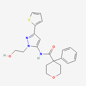 molecular formula C21H23N3O3S B2926330 N-[1-(2-hydroxyethyl)-3-(thiophen-2-yl)-1H-pyrazol-5-yl]-4-phenyloxane-4-carboxamide CAS No. 1219902-68-7