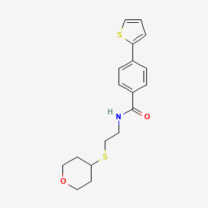 molecular formula C18H21NO2S2 B2926342 N-[2-(oxan-4-ylsulfanyl)ethyl]-4-(thiophen-2-yl)benzamide CAS No. 2034424-54-7