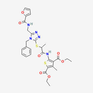 molecular formula C29H31N5O7S2 B2926510 diethyl 5-(2-((4-benzyl-5-((furan-2-carboxamido)methyl)-4H-1,2,4-triazol-3-yl)thio)propanamido)-3-methylthiophene-2,4-dicarboxylate CAS No. 393817-32-8