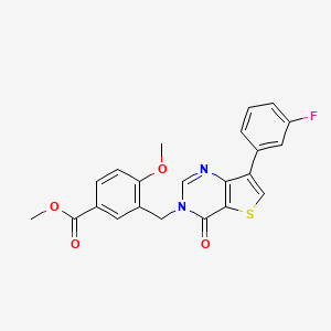 molecular formula C22H17FN2O4S B2926549 methyl 3-{[7-(3-fluorophenyl)-4-oxothieno[3,2-d]pyrimidin-3(4H)-yl]methyl}-4-methoxybenzoate CAS No. 1105232-77-6