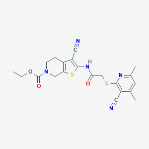 molecular formula C21H21N5O3S2 B292710 ethyl 3-cyano-2-({[(3-cyano-4,6-dimethyl-2-pyridinyl)sulfanyl]acetyl}amino)-4,7-dihydrothieno[2,3-c]pyridine-6(5H)-carboxylate 