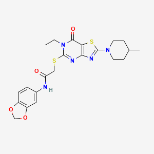 molecular formula C22H25N5O4S2 B2927259 N-(2H-1,3-benzodioxol-5-yl)-2-{[6-ethyl-2-(4-methylpiperidin-1-yl)-7-oxo-6H,7H-[1,3]thiazolo[4,5-d]pyrimidin-5-yl]sulfanyl}acetamide CAS No. 1207015-53-9