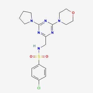 molecular formula C18H23ClN6O3S B2927634 4-chloro-N-((4-morpholino-6-(pyrrolidin-1-yl)-1,3,5-triazin-2-yl)methyl)benzenesulfonamide CAS No. 2034222-50-7