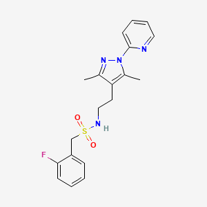 molecular formula C19H21FN4O2S B2927709 N-(2-(3,5-dimethyl-1-(pyridin-2-yl)-1H-pyrazol-4-yl)ethyl)-1-(2-fluorophenyl)methanesulfonamide CAS No. 2034481-88-2