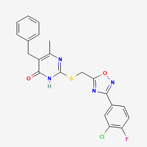 molecular formula C21H16ClFN4O2S B2927801 5-Benzyl-2-({[3-(3-chloro-4-fluorophenyl)-1,2,4-oxadiazol-5-yl]methyl}sulfanyl)-6-methyl-4-pyrimidinol CAS No. 1226427-18-4