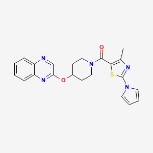 molecular formula C22H21N5O2S B2927873 2-({1-[4-methyl-2-(1H-pyrrol-1-yl)-1,3-thiazole-5-carbonyl]piperidin-4-yl}oxy)quinoxaline CAS No. 1705154-67-1