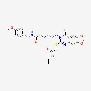 molecular formula C27H31N3O7S B2928193 ethyl 2-{[7-(5-{[(4-methoxyphenyl)methyl]carbamoyl}pentyl)-8-oxo-2H,7H,8H-[1,3]dioxolo[4,5-g]quinazolin-6-yl]sulfanyl}acetate CAS No. 688060-82-4