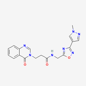 molecular formula C18H17N7O3 B2928241 N-((3-(1-methyl-1H-pyrazol-4-yl)-1,2,4-oxadiazol-5-yl)methyl)-3-(4-oxoquinazolin-3(4H)-yl)propanamide CAS No. 2034559-06-1