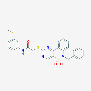 molecular formula C26H22N4O3S3 B2928245 2-[(6-benzyl-5,5-dioxido-6H-pyrimido[5,4-c][2,1]benzothiazin-2-yl)thio]-N-[3-(methylthio)phenyl]acetamide CAS No. 932313-59-2