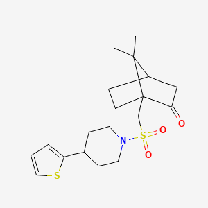 molecular formula C19H27NO3S2 B2928317 7,7-Dimethyl-1-(((4-(thiophen-2-yl)piperidin-1-yl)sulfonyl)methyl)bicyclo[2.2.1]heptan-2-one CAS No. 1797967-17-9
