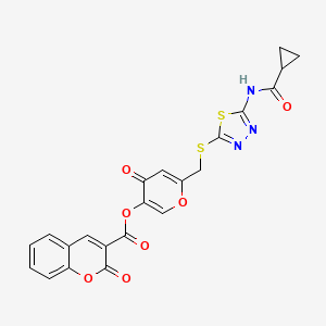 molecular formula C22H15N3O7S2 B2928320 6-(((5-(cyclopropanecarboxamido)-1,3,4-thiadiazol-2-yl)thio)methyl)-4-oxo-4H-pyran-3-yl 2-oxo-2H-chromene-3-carboxylate CAS No. 896010-18-7