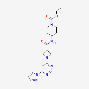 molecular formula C19H25N7O3 B2928448 ethyl 4-{1-[6-(1H-pyrazol-1-yl)pyrimidin-4-yl]azetidine-3-amido}piperidine-1-carboxylate CAS No. 2034282-01-2