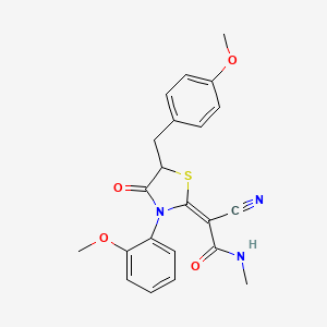 molecular formula C22H21N3O4S B2928476 (E)-2-cyano-2-(5-(4-methoxybenzyl)-3-(2-methoxyphenyl)-4-oxothiazolidin-2-ylidene)-N-methylacetamide CAS No. 924821-01-2