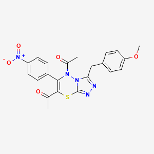 molecular formula C22H19N5O5S B2928481 1-{7-acetyl-3-[(4-methoxyphenyl)methyl]-6-(4-nitrophenyl)-5H-[1,2,4]triazolo[3,4-b][1,3,4]thiadiazin-5-yl}ethan-1-one CAS No. 896265-05-7