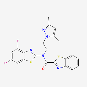 molecular formula C22H17F2N5OS2 B2928519 N-(4,6-difluoro-1,3-benzothiazol-2-yl)-N-[2-(3,5-dimethyl-1H-pyrazol-1-yl)ethyl]-1,3-benzothiazole-2-carboxamide CAS No. 1172698-92-8