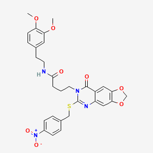 molecular formula C30H30N4O8S B2928595 N-[2-(3,4-dimethoxyphenyl)ethyl]-4-(6-{[(4-nitrophenyl)methyl]sulfanyl}-8-oxo-2H,7H,8H-[1,3]dioxolo[4,5-g]quinazolin-7-yl)butanamide CAS No. 688060-53-9