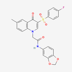 molecular formula C25H19FN2O6S B2928633 N-(2H-1,3-benzodioxol-5-yl)-2-[3-(4-fluorobenzenesulfonyl)-6-methyl-4-oxo-1,4-dihydroquinolin-1-yl]acetamide CAS No. 866808-62-0