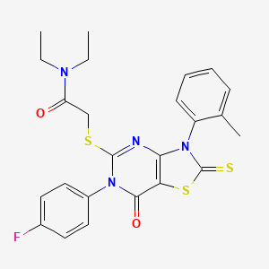 molecular formula C24H23FN4O2S3 B2928707 N,N-diethyl-2-{[6-(4-fluorophenyl)-3-(2-methylphenyl)-7-oxo-2-sulfanylidene-2H,3H,6H,7H-[1,3]thiazolo[4,5-d]pyrimidin-5-yl]sulfanyl}acetamide CAS No. 422298-50-8