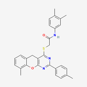 molecular formula C29H27N3O2S B2928770 N-(3,4-dimethylphenyl)-2-{[9-methyl-2-(4-methylphenyl)-5H-chromeno[2,3-d]pyrimidin-4-yl]sulfanyl}acetamide CAS No. 866726-66-1