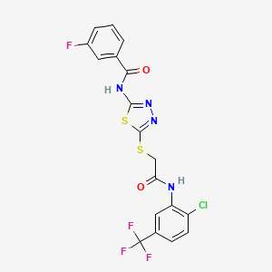 molecular formula C18H11ClF4N4O2S2 B2928965 N-(5-((2-((2-chloro-5-(trifluoromethyl)phenyl)amino)-2-oxoethyl)thio)-1,3,4-thiadiazol-2-yl)-3-fluorobenzamide CAS No. 392299-12-6
