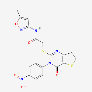 molecular formula C18H15N5O5S2 B2928982 N-(5-methyl-1,2-oxazol-3-yl)-2-{[3-(4-nitrophenyl)-4-oxo-3H,4H,6H,7H-thieno[3,2-d]pyrimidin-2-yl]sulfanyl}acetamide CAS No. 687568-64-5
