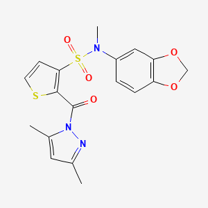molecular formula C18H17N3O5S2 B2929003 N-(1,3-benzodioxol-5-yl)-2-[(3,5-dimethyl-1H-pyrazol-1-yl)carbonyl]-N-methylthiophene-3-sulfonamide CAS No. 1172992-87-8