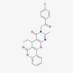 molecular formula C25H19ClN2O5 B292905 14-[2-(4-chlorophenyl)-2-oxoethyl]-11-ethyl-15-methyl-8,18-dioxa-14,16-diazatetracyclo[8.8.0.02,7.012,17]octadeca-1(10),2,4,6,12(17),15-hexaene-9,13-dione 