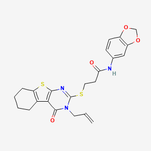 molecular formula C23H23N3O4S2 B2929054 N-(2H-1,3-benzodioxol-5-yl)-3-{[3-oxo-4-(prop-2-en-1-yl)-8-thia-4,6-diazatricyclo[7.4.0.0^{2,7}]trideca-1(9),2(7),5-trien-5-yl]sulfanyl}propanamide CAS No. 303017-90-5