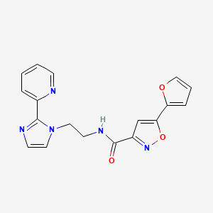 molecular formula C18H15N5O3 B2929282 5-(furan-2-yl)-N-(2-(2-(pyridin-2-yl)-1H-imidazol-1-yl)ethyl)isoxazole-3-carboxamide CAS No. 2034233-70-8