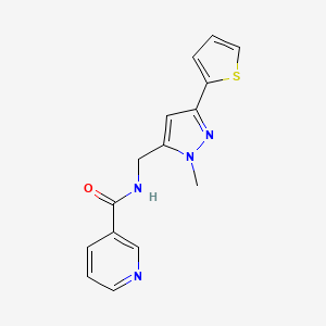 molecular formula C15H14N4OS B2929494 N-{[1-methyl-3-(thiophen-2-yl)-1H-pyrazol-5-yl]methyl}pyridine-3-carboxamide CAS No. 2309589-07-7