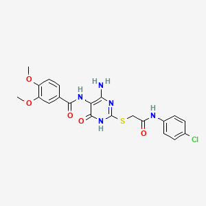 molecular formula C21H20ClN5O5S B2929506 N-(4-amino-2-((2-((4-chlorophenyl)amino)-2-oxoethyl)thio)-6-oxo-1,6-dihydropyrimidin-5-yl)-3,4-dimethoxybenzamide CAS No. 868227-05-8