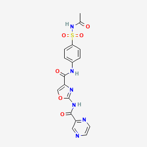 molecular formula C17H14N6O6S B2929552 N-(4-(N-acetylsulfamoyl)phenyl)-2-(pyrazine-2-carboxamido)oxazole-4-carboxamide CAS No. 1396886-40-0