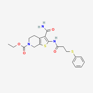 molecular formula C20H23N3O4S2 B2929571 ethyl 3-carbamoyl-2-[3-(phenylsulfanyl)propanamido]-4H,5H,6H,7H-thieno[2,3-c]pyridine-6-carboxylate CAS No. 864925-95-1