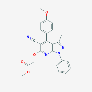 molecular formula C25H22N4O4 B292960 ethyl {[5-cyano-4-(4-methoxyphenyl)-3-methyl-1-phenyl-1H-pyrazolo[3,4-b]pyridin-6-yl]oxy}acetate 