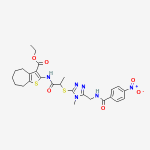 molecular formula C26H30N6O6S2 B2929714 ethyl 2-(2-((4-methyl-5-((4-nitrobenzamido)methyl)-4H-1,2,4-triazol-3-yl)thio)propanamido)-5,6,7,8-tetrahydro-4H-cyclohepta[b]thiophene-3-carboxylate CAS No. 393814-84-1
