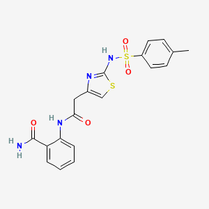 molecular formula C19H18N4O4S2 B2929952 2-(2-(2-(4-Methylphenylsulfonamido)thiazol-4-yl)acetamido)benzamide CAS No. 921999-14-6