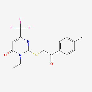 molecular formula C16H15F3N2O2S B2930342 3-ethyl-2-{[2-(4-methylphenyl)-2-oxoethyl]sulfanyl}-6-(trifluoromethyl)-4(3H)-pyrimidinone CAS No. 692287-60-8