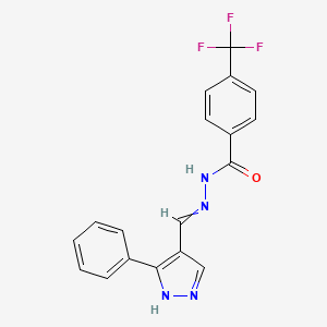 molecular formula C18H13F3N4O B2930348 N'-[(E)-(3-phenyl-1H-pyrazol-4-yl)methylidene]-4-(trifluoromethyl)benzenecarbohydrazide CAS No. 477710-90-0