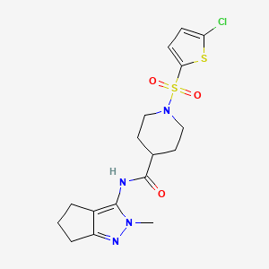 molecular formula C17H21ClN4O3S2 B2930420 1-((5-chlorothiophen-2-yl)sulfonyl)-N-(2-methyl-2,4,5,6-tetrahydrocyclopenta[c]pyrazol-3-yl)piperidine-4-carboxamide CAS No. 1105222-13-6