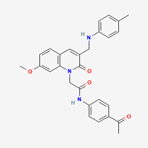 molecular formula C28H27N3O4 B2930469 N-(4-acetylphenyl)-2-(7-methoxy-3-{[(4-methylphenyl)amino]methyl}-2-oxo-1,2-dihydroquinolin-1-yl)acetamide CAS No. 932308-78-6