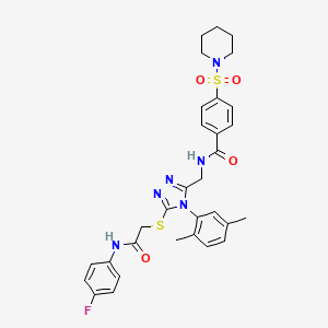 molecular formula C31H33FN6O4S2 B2930475 N-((4-(2,5-dimethylphenyl)-5-((2-((4-fluorophenyl)amino)-2-oxoethyl)thio)-4H-1,2,4-triazol-3-yl)methyl)-4-(piperidin-1-ylsulfonyl)benzamide CAS No. 394243-99-3