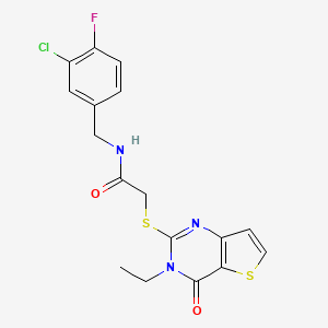 molecular formula C17H15ClFN3O2S2 B2930685 N-[(3-chloro-4-fluorophenyl)methyl]-2-({3-ethyl-4-oxo-3H,4H-thieno[3,2-d]pyrimidin-2-yl}sulfanyl)acetamide CAS No. 1252926-62-7