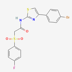 molecular formula C17H12BrFN2O3S2 B2930689 N-(4-(4-bromophenyl)thiazol-2-yl)-2-((4-fluorophenyl)sulfonyl)acetamide CAS No. 895469-93-9