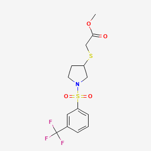 molecular formula C14H16F3NO4S2 B2930751 Methyl 2-((1-((3-(trifluoromethyl)phenyl)sulfonyl)pyrrolidin-3-yl)thio)acetate CAS No. 2034607-48-0