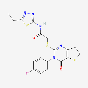 molecular formula C18H16FN5O2S3 B2931056 N-(5-ethyl-1,3,4-thiadiazol-2-yl)-2-((3-(4-fluorophenyl)-4-oxo-3,4,6,7-tetrahydrothieno[3,2-d]pyrimidin-2-yl)thio)acetamide CAS No. 686773-04-6