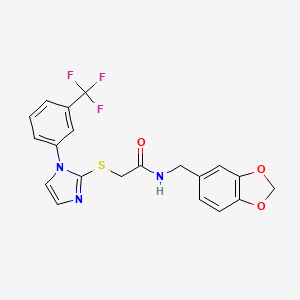 molecular formula C20H16F3N3O3S B2931293 N-(benzo[d][1,3]dioxol-5-ylmethyl)-2-((1-(3-(trifluoromethyl)phenyl)-1H-imidazol-2-yl)thio)acetamide CAS No. 893390-33-5