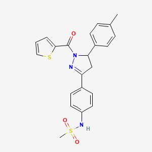 molecular formula C22H21N3O3S2 B2931624 N-(4-(1-(thiophene-2-carbonyl)-5-(p-tolyl)-4,5-dihydro-1H-pyrazol-3-yl)phenyl)methanesulfonamide 